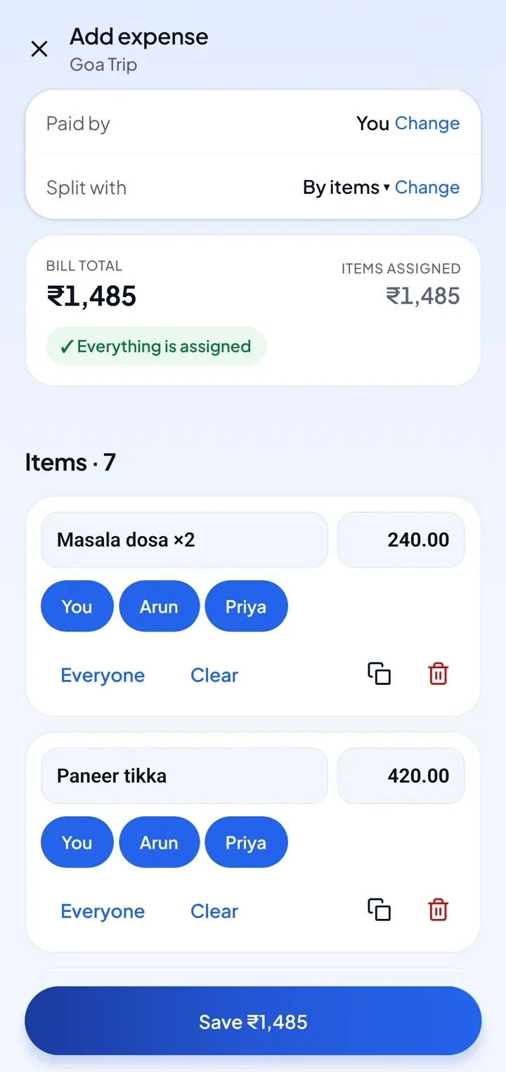 Itemized split editor