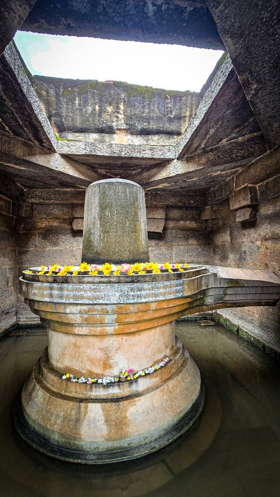 Shiva linga shrine at Hampi — fresh yellow and white flowers float on the water surrounding the pedestal, light falling through an octagonal opening above